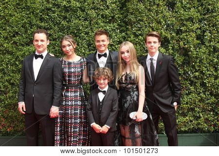 vLOS ANGELES - SEP 12:  Ben Savage, August Maturo, R Blanchard, P Meyer, Sabrina Carpenter, C Fogelmanis at the Creative Emmy Awards  at the Microsoft Theater on September 12, 2015 in Los Angeles, CA