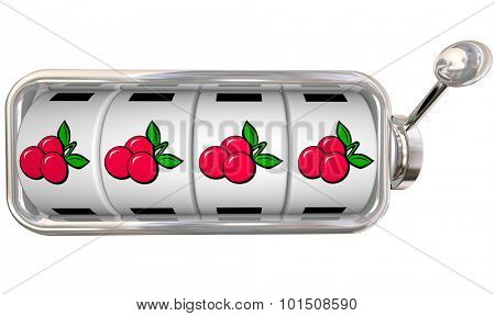 Four cherries on 4 wheels or dials lined up in a slot machine to illustrate a winning jackpot in a casino or gaming area