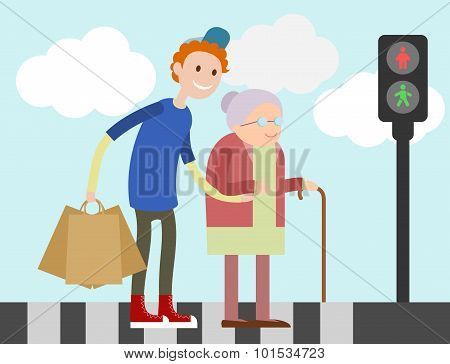 Boy helping old woman
