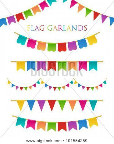 Vector Illustration of Colorful Garlands on white background. Rainbow colors buntings and flags. Holiday set.