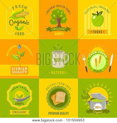 Natural food emblems flat icons set