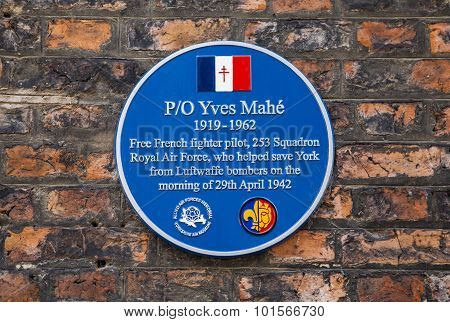 Yves Mahe Blue Plaque In York
