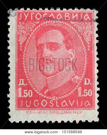 YUGOSLAVIA - CIRCA 1932: Stamp printed in Yugoslavia shows portrait king Alexander I (1888-1934), from series King Alexander I, circa 1932