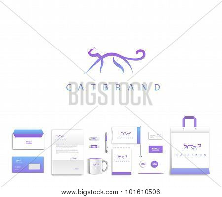 Vector artistic corporate identity template with cat logo and colorful elements.