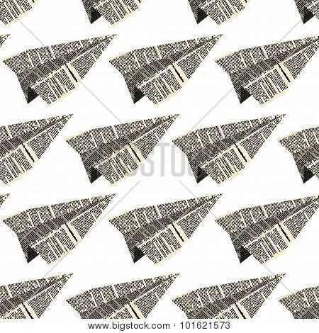 Paper Plane From Old Newspapers Seamless Patetrn. Vector Background Of Aircraft