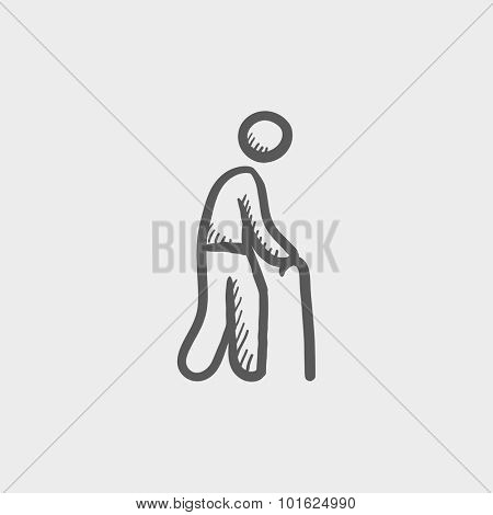 Man with cane sketch icon for web, mobile and infographics. Hand drawn vector dark grey icon isolated on light grey background.