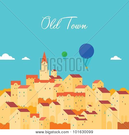 Vintage card - Old town. European buildings with hot air balloon. Negative space for text.
