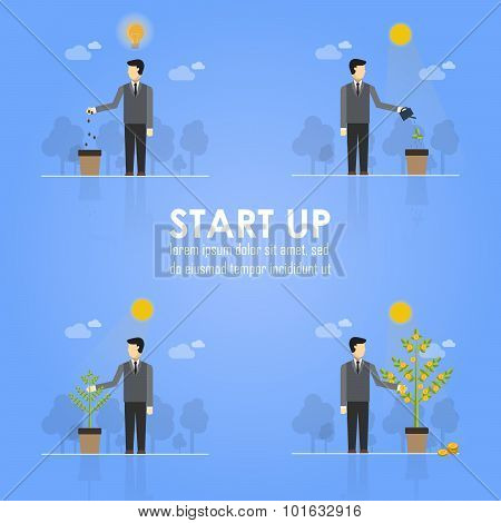 Business Timeline Infographics Design Emphasizing Businessman Planting Tree Concept On Light Blue Ba
