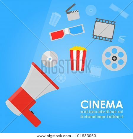 Announcement Megaphone, Vector Cinema Promotion Flat Banner