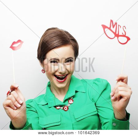 Attractive playful young woman ready for party - falce lips and glasses  
