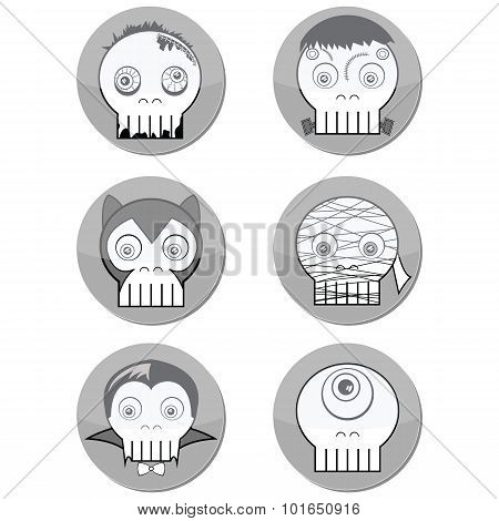 Black and white Halloween Monster  skulls such as  vampire, zombie, Woolf man, cyclops and mummy in