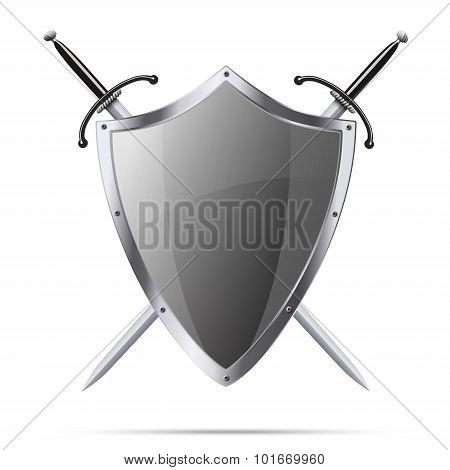 Metallic Glittering Shield And Two Swords Isolatedon White Background