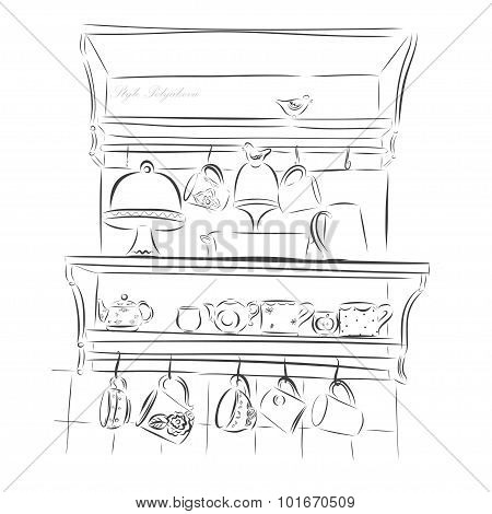 Vector cookware set with cups and teapots.