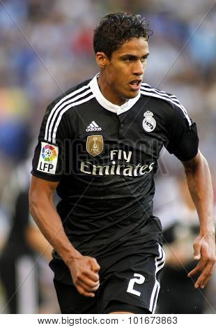 BARCELONA - MAY, 17: Raphael Varane of Real Madrid during a Spanish League match against RCD Espanyol at the Power8 stadium on Maig 17 2015 in Barcelona Spain
