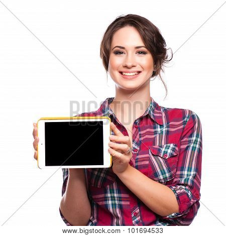 Happy Smiling Beautiful Young Woman Showing Blank Tablet Pc For Copyspace, Isolated Over White Backg