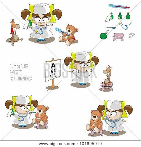 Vector Little Girl Doctor With Garaffe And Bear Toys Isolated On White Background
