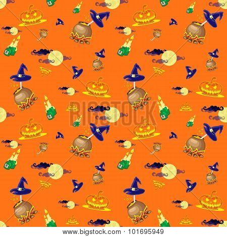 Seamless Vector Background With Halloween Pumpkins, Candles, Cauldron And Moon Isolated On Orange Ba