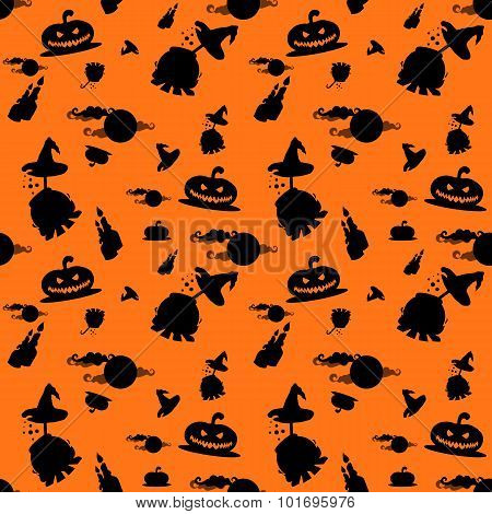 Seamless Vector Background With Halloween Pumpkins, Candles, Cauldron And Moon Isolated On Orange Ba