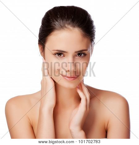 Beautiful Face Of Young Adult Woman With Clean Fresh Skin - Isolated On White