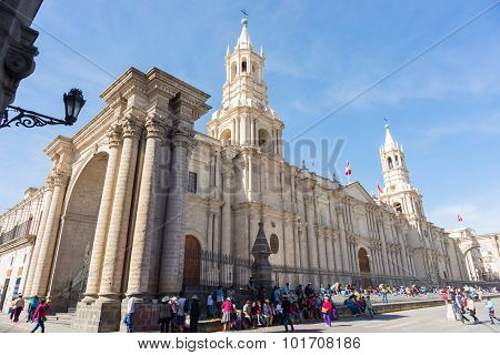 People Around The Cathedral In Arequipa, Peru
