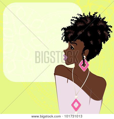 Lime green background with dark-skinned woman