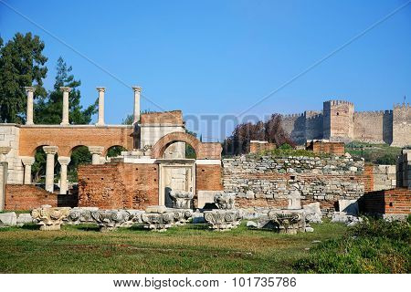 The ruins of the St. John's Basilica on Ayasuluk Hill, Selcuk, Ephesus, Turkey. Castle in the background.