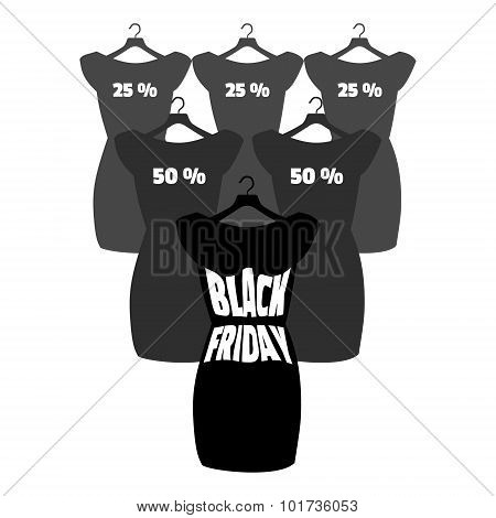 Black Friday Lettering On The Fashionable Black Dress. Vector Icon Poster Little Black Dress - Black