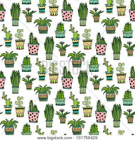 Succulent and cactus seamless pattern. Colorful doodle flowers in pots. Vector background.
