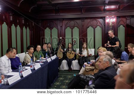 ST. PETERSBURG, RUSSIA - SEPTEMBER 14, 2015: Press cocktail of the women's chamber orchestra 