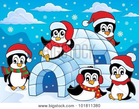 Igloo with penguins theme 2 - eps10 vector illustration.