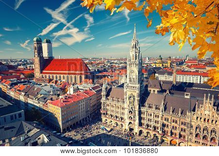 Aerial view of Munchen: Marienplatz, New Town Hall and Frauenkirche