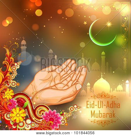 illustration of pair of hand praying for Eid ul Adha (Happy Bakrid) background with mosque