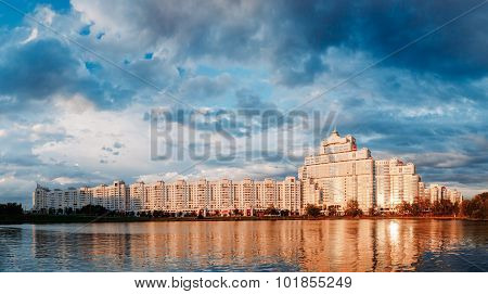 Panoramic View of White Building In Old Part Minsk, Downtown Nya