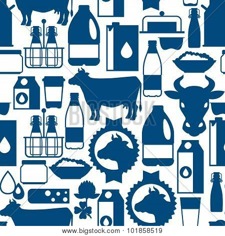 Milk seamless pattern with dairy products and objects