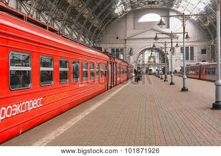 MOSCOW, RUSSIA - MAY, 14 2015: Aeroexpress red Train on Kiyevskaya railway station,  Kievskiy vokzal 