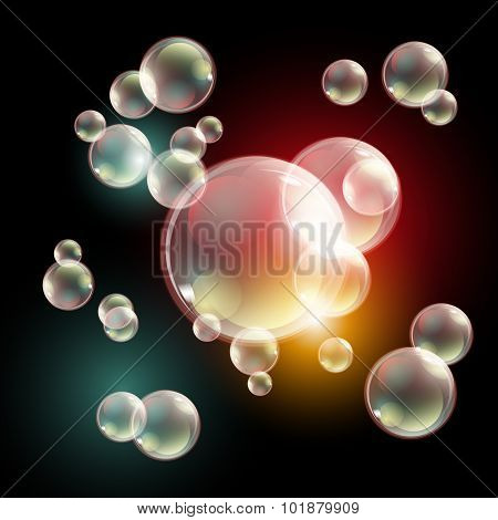 Bubbles, Eps10 Transparent Multicolored Soap Bubbles Vector Set On Black Background. Sphere Ball, De