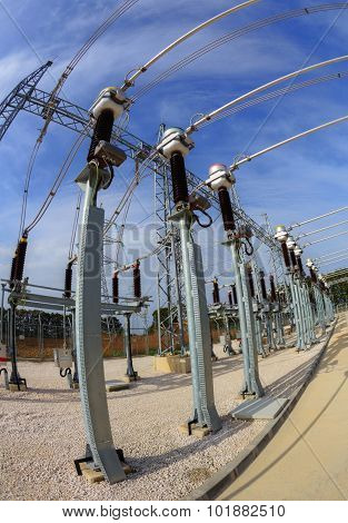 High voltage switchyard in fisheye perspective