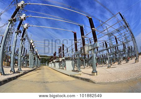 High voltage switchyard in fisheye perspective
