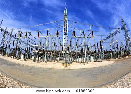 High voltage switchyard in fisheye perspective