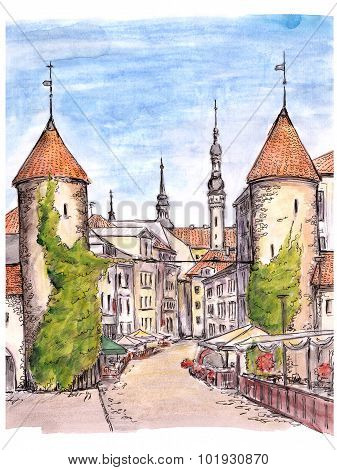 Hand painted sketch of gate of Tallinn town