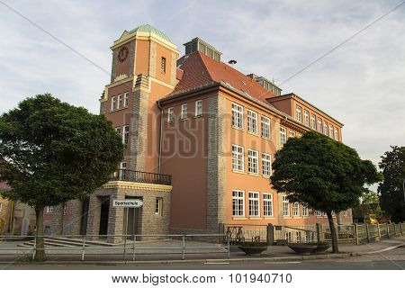 Guidepost To The Sportschule With The Diesterwegschule In Werdau, Germany, 2015