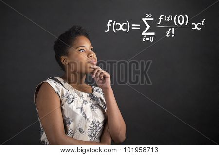 African American Woman With Hand On Chin Thinking About Maths On Blackboard Background