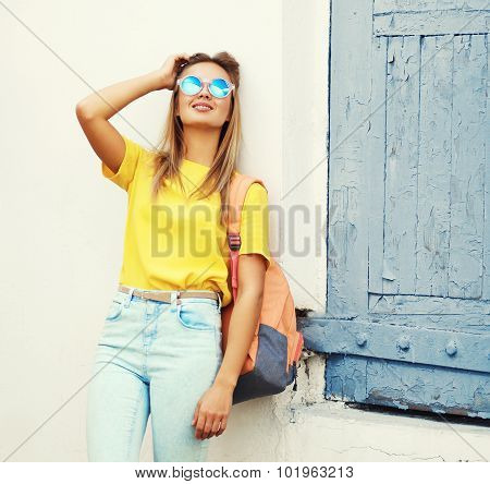 Pretty Blonde Young Woman Wearing A Sunglasses And Yellow T-shirt In The City, Street Fashion