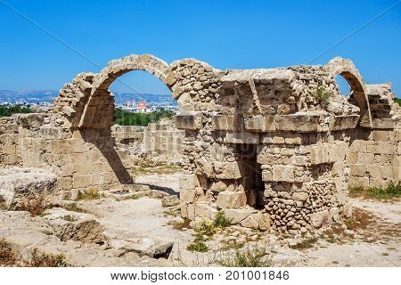 Ruins of ancient greek temple, Saranda Kolones. Archaeological park at Kato Paphos. Paphos, Cyprus