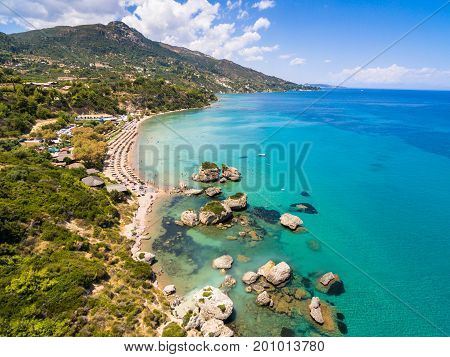 Aerial  View Of Porto Zorro  Azzurro Beach In Zakynthos (zante) Island, In Greece