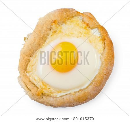 Caucasian Delicious Ajarian Khachapuri With Egg Isolated On White Background, Top View.