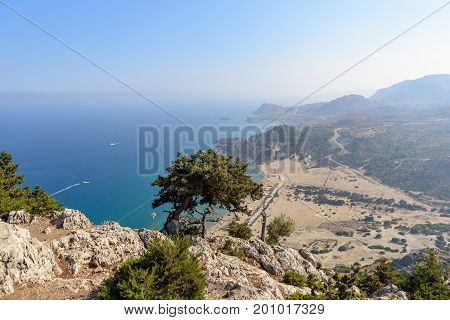 Aerial view on valley of Rhodes town from Mount of Tsampika Church, Greece