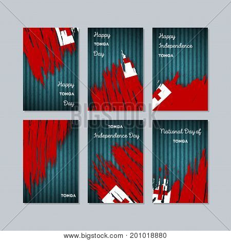 Tonga Patriotic Cards For National Day. Expressive Brush Stroke In National Flag Colors On Dark Stri