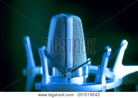 Studio vocal large diaphragm condenser voiceover recording microphone with built in antipop screen.