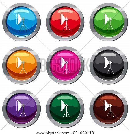 Studio lighting equipment set icon isolated on white. 9 icon collection vector illustration